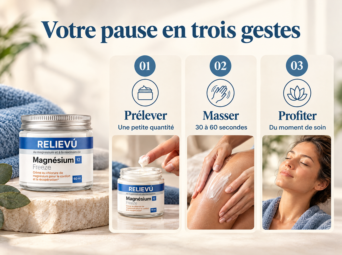 Magnesium Freeze : Prélever ; Une petite quantité ; Masser ; 30 à 60 secondes ; Profiter ; Du moment de soin.
