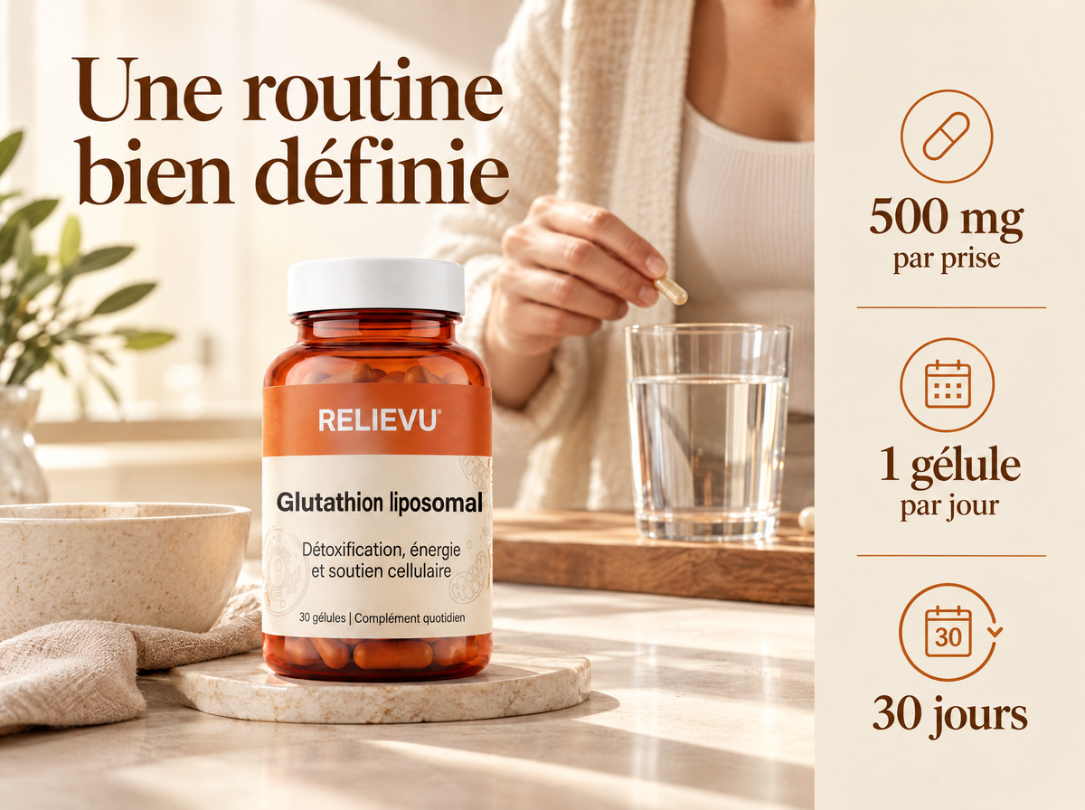 Glutathion liposomal : 500 mg par prise, 1 gélule par jour, 30 jours.