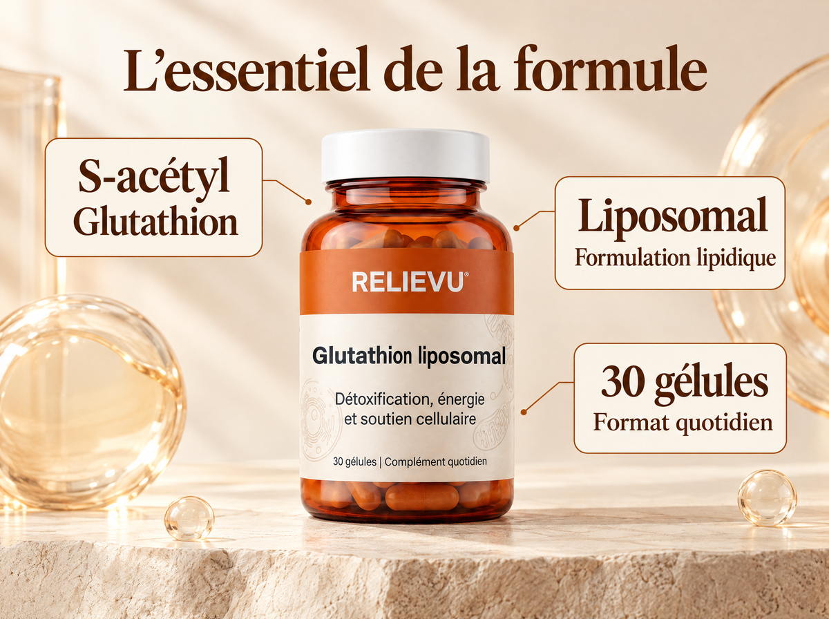 Glutathion liposomal : infographie de la formule et du format.