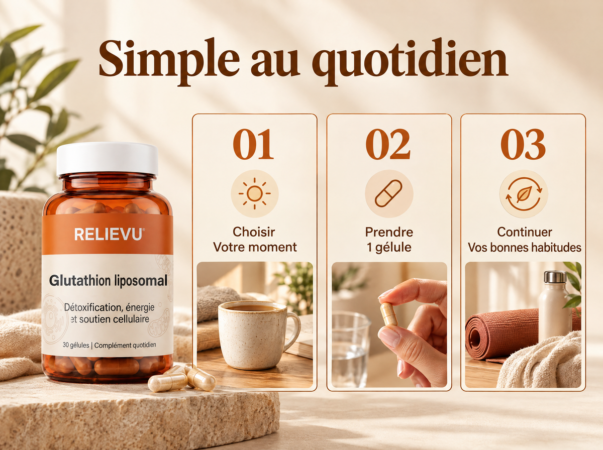 Glutathion liposomal : Choisir ; Votre moment ; Prendre ; 1 gélule ; Continuer ; Vos bonnes habitudes.