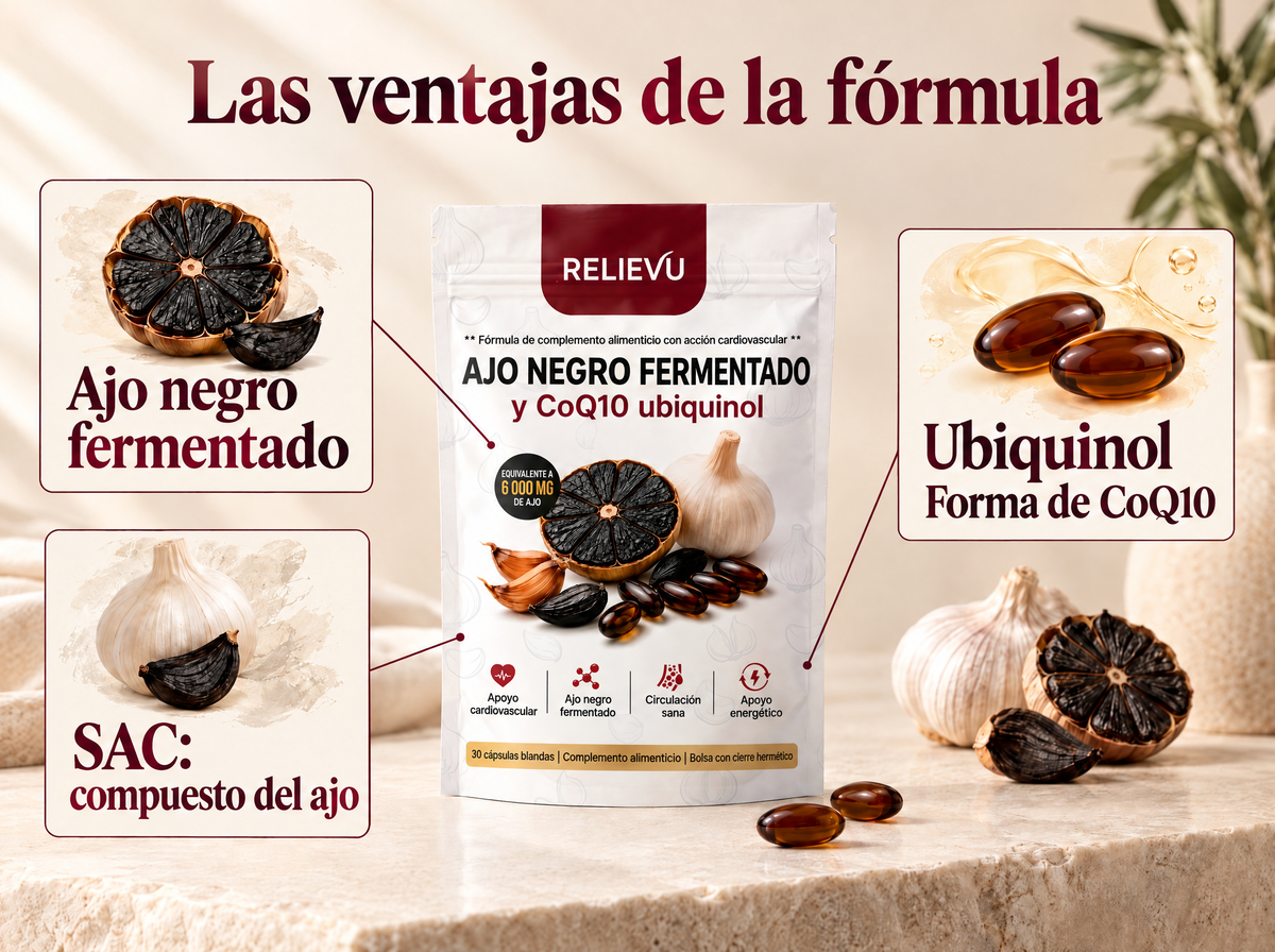 Ajo negro fermentado y ubiquinol CoQ10: infografía fórmula y formato.