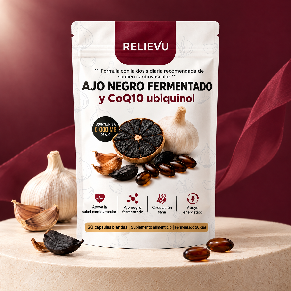 Ajo negro fermentado y ubiquinol CoQ10, presentación del producto Relievu.