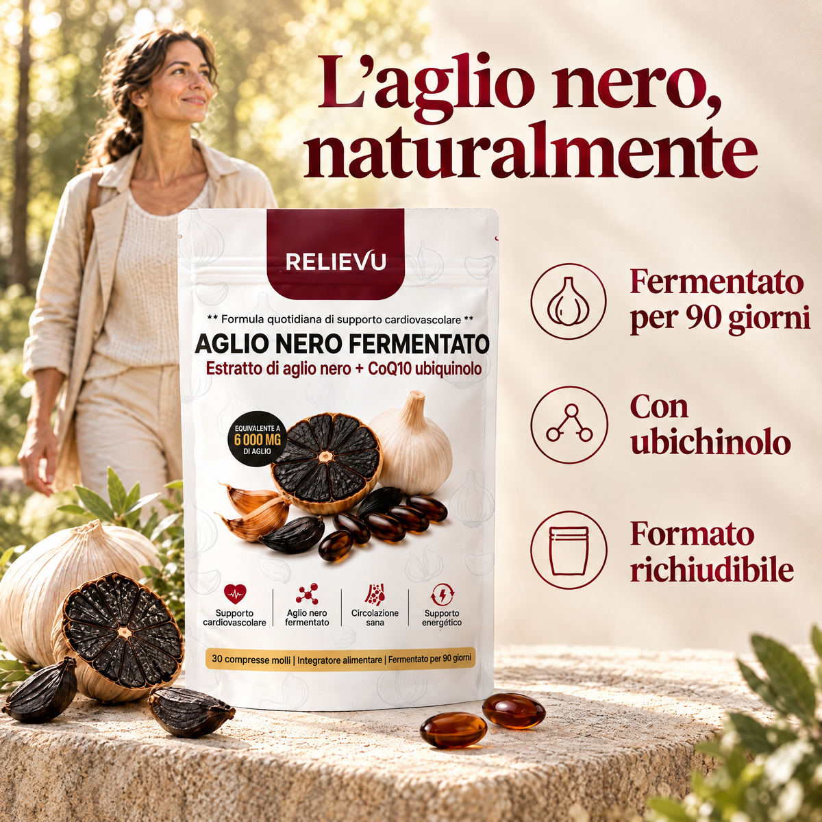 Aglio nero fermentato e ubichinolo CoQ10: fermentato per 90 giorni, con ubichinolo, formato richiudibile.