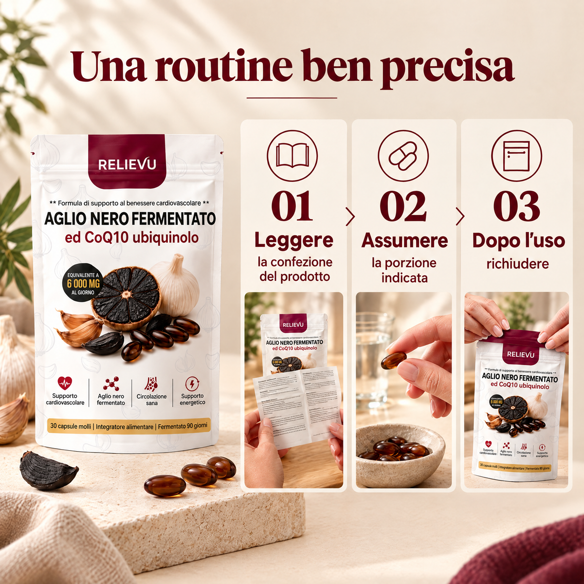 Aglio nero e CoQ10: leggi le istruzioni, rispetta la porzione indicata e richiudi la confezione dopo l’uso.