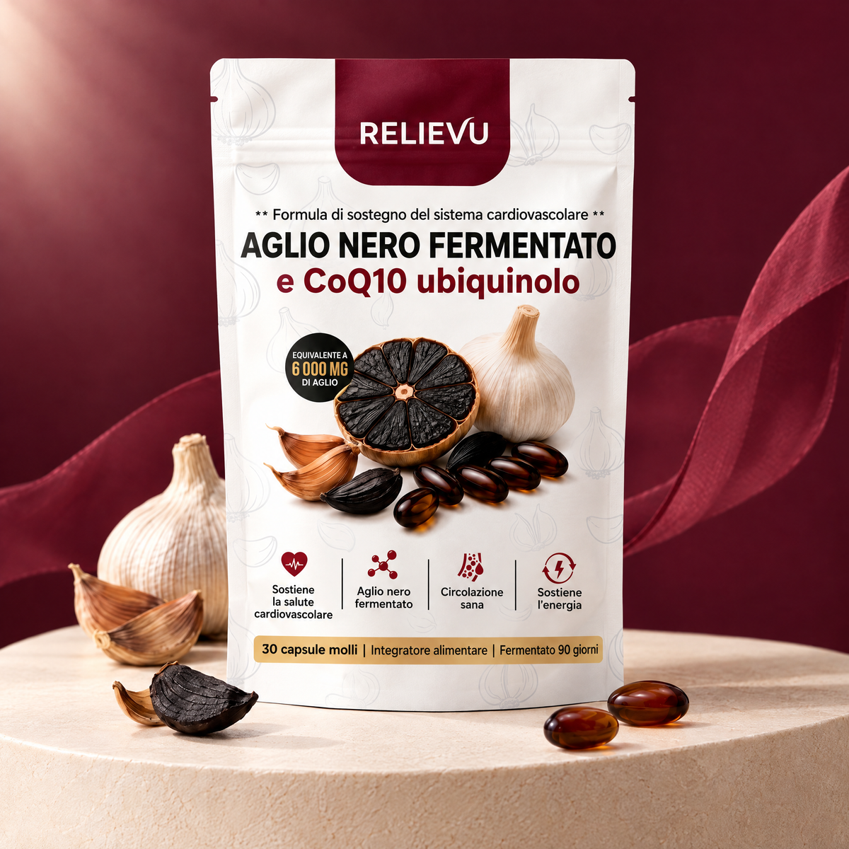 Aglio nero fermentato e ubiquinolo CoQ10, presentazione del prodotto Relievu.