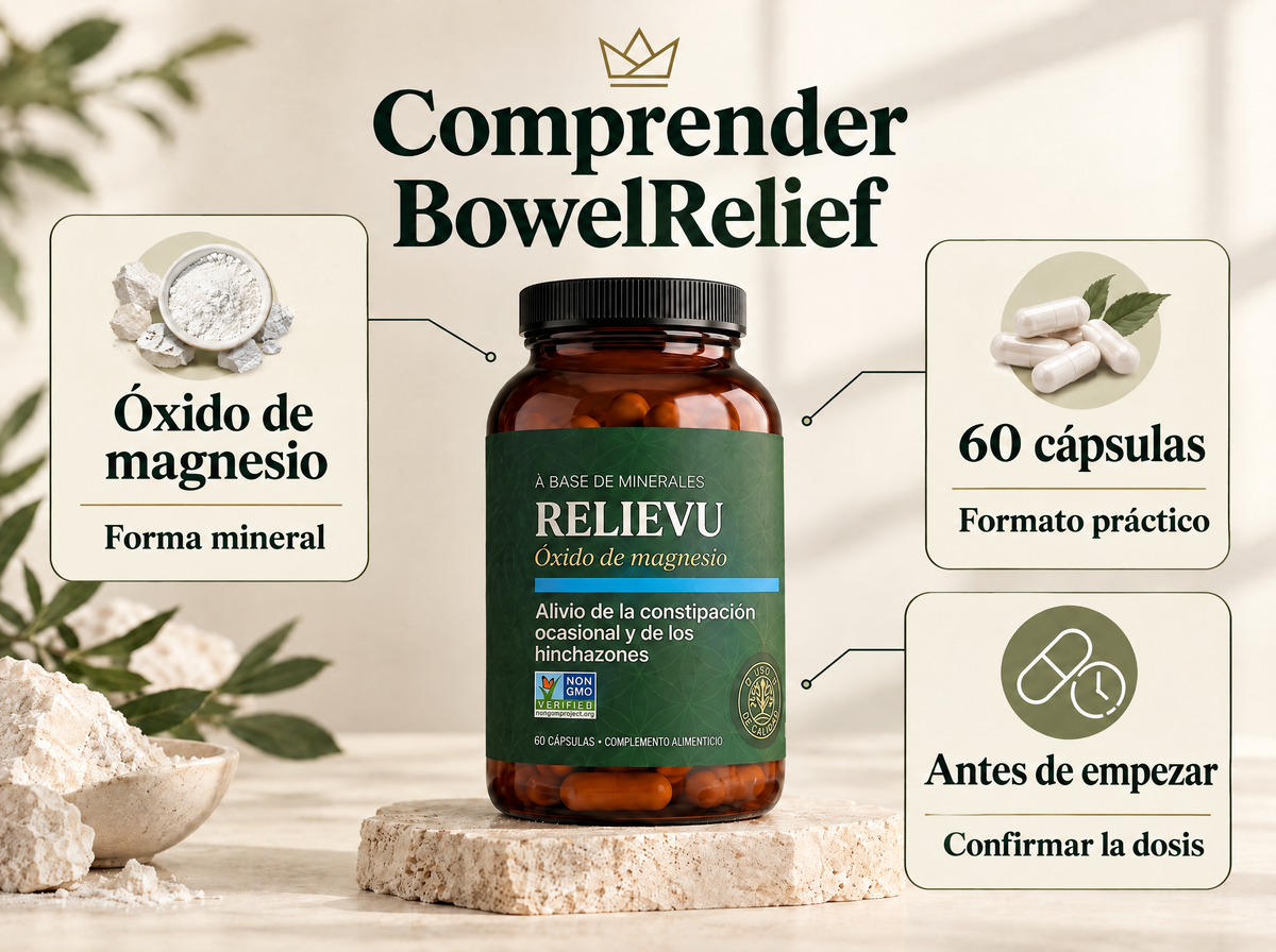 BowelRelief · Óxido de magnesio: fórmula y formato infográfico.