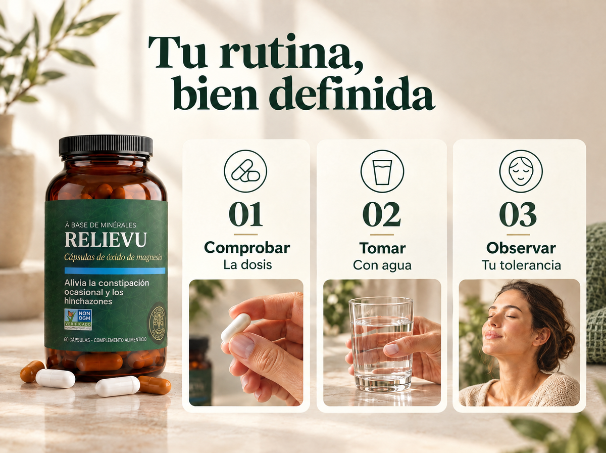 Alivio intestinal · Óxido de magnesio: comprobar; Confirmar dosis; Llevar ; Con agua; Observar ; Tu tolerancia.