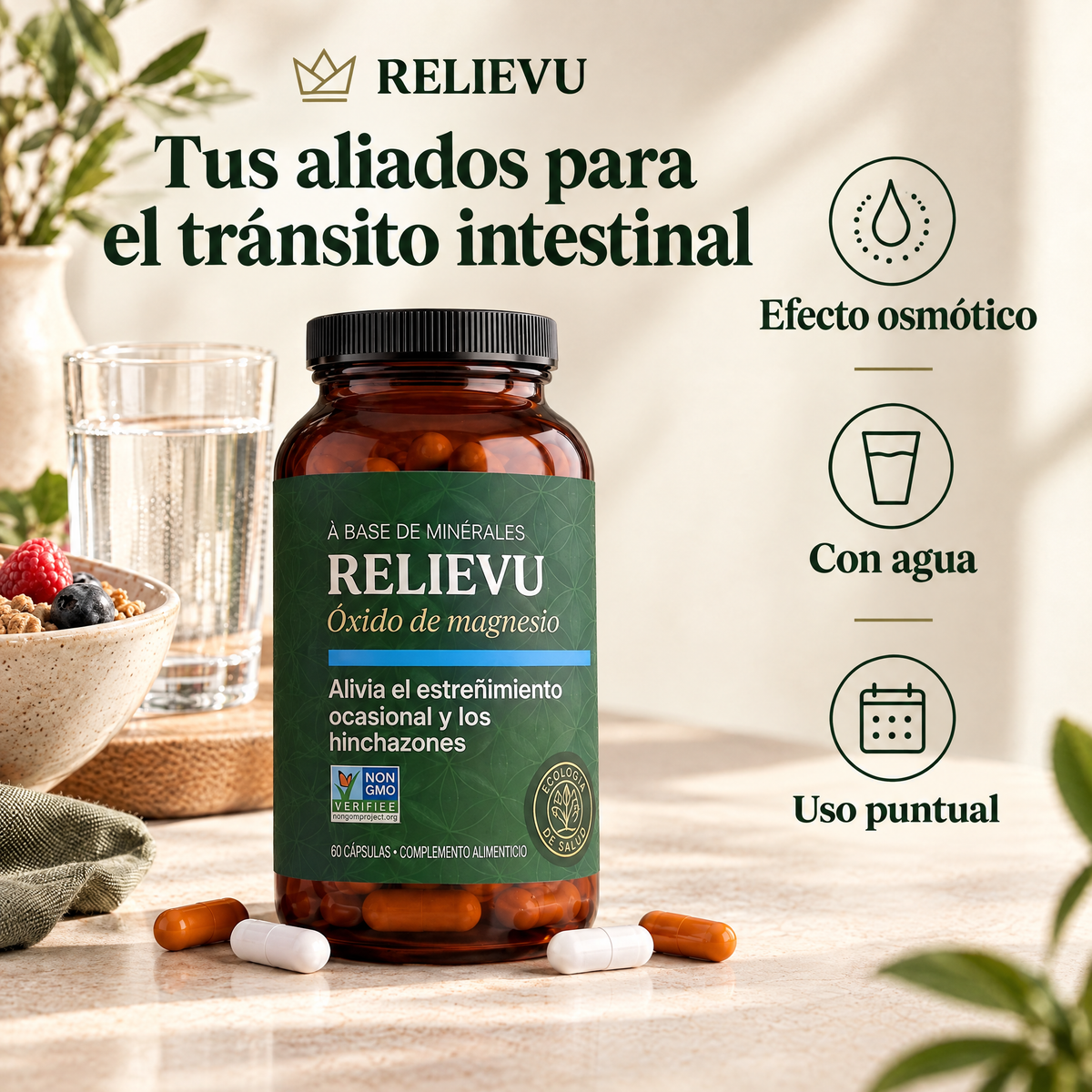 Alivio Intestinal · Óxido de magnesio: Efecto osmótico, Con agua, Uso ocasional.