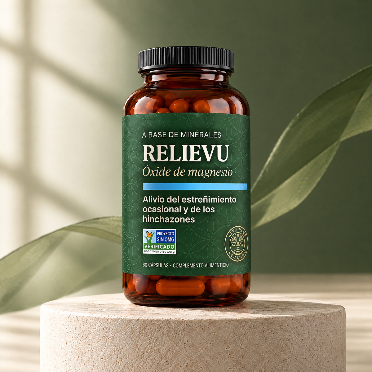 BowelRelief · Óxido de magnesio, presentación del producto Relievu.