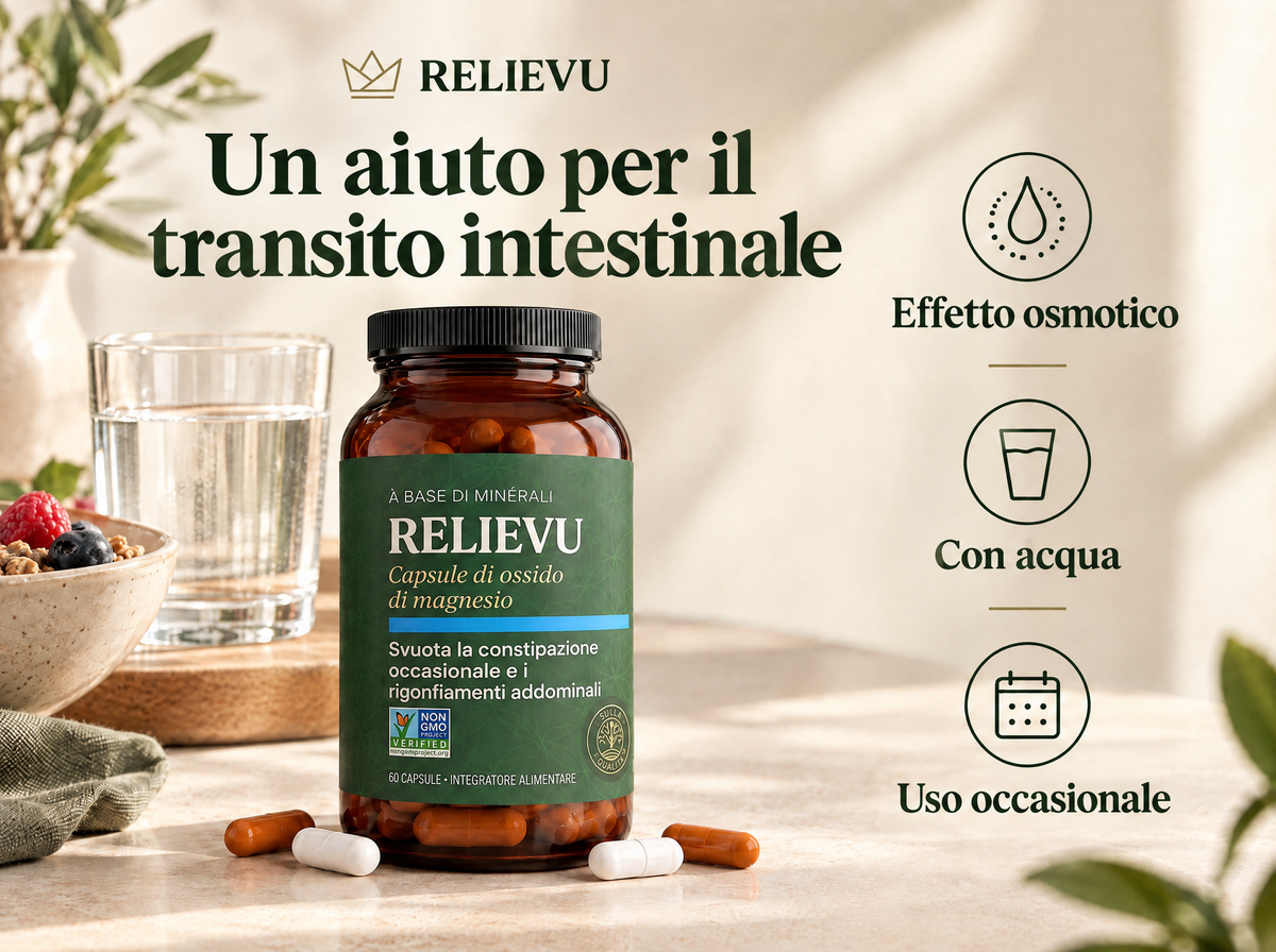 BowelRelief · Ossido di magnesio: Effetto osmotico, Con acqua, Uso occasionale.