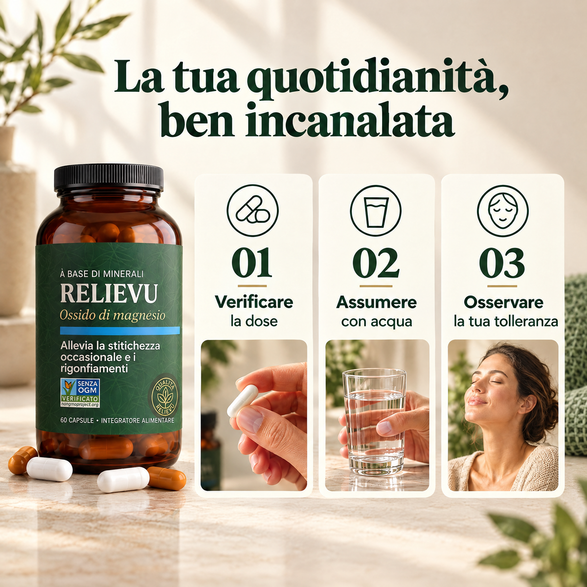 BowelRelief · Ossido di magnesio: controllo; Confermare la dose; Prendere ; Con acqua; Osservare; La tua tolleranza.