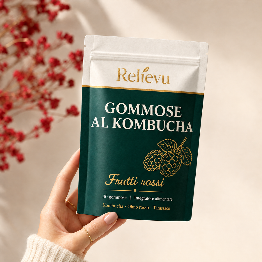 Donna sorridente che gode di una gommosa kombucha al gusto di frutta rossa Reliefu