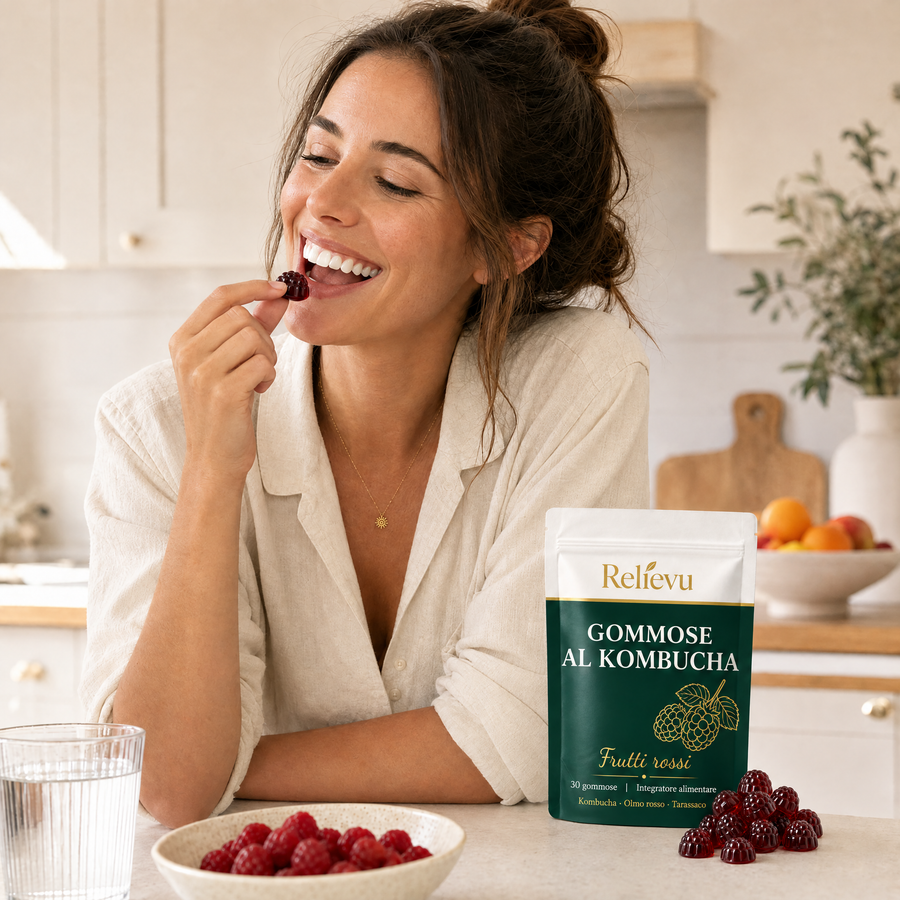 Donna che si gode la sua gommosa quotidiana Relief Kombucha