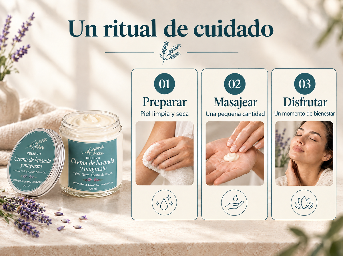 Crema de lavanda y magnesio: Preparar; Piel limpia y seca; Masaje; Una pequeña cantidad; Disfrutar ; Un momento de consuelo.