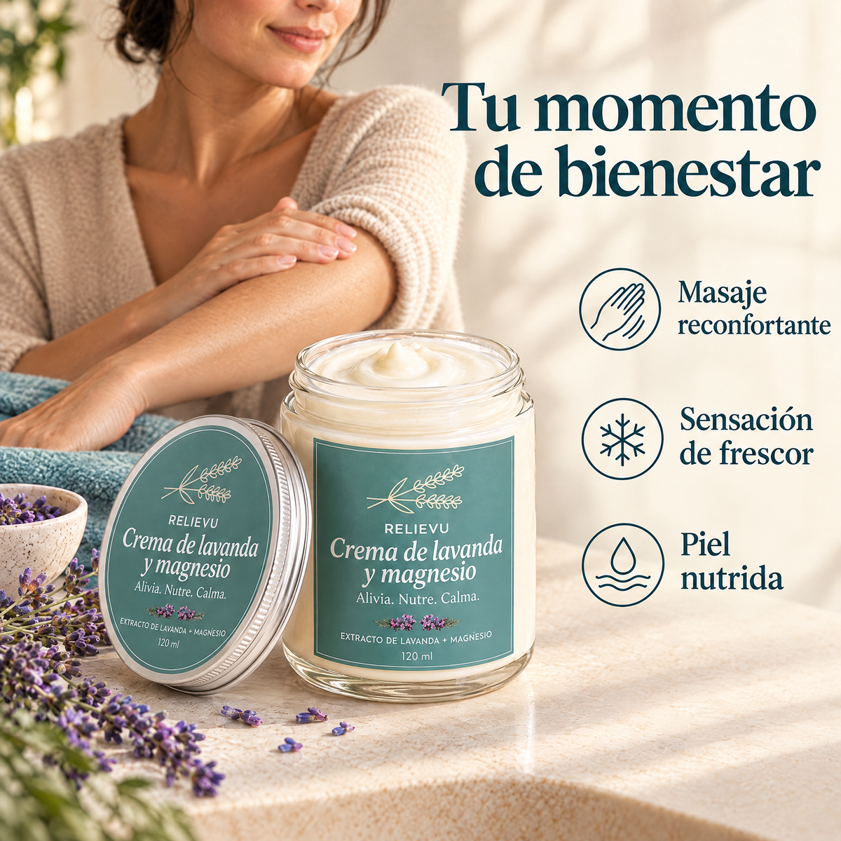Crema de lavanda y magnesio: Masaje dirigido, Sensación de frescor, Piel nutrida.