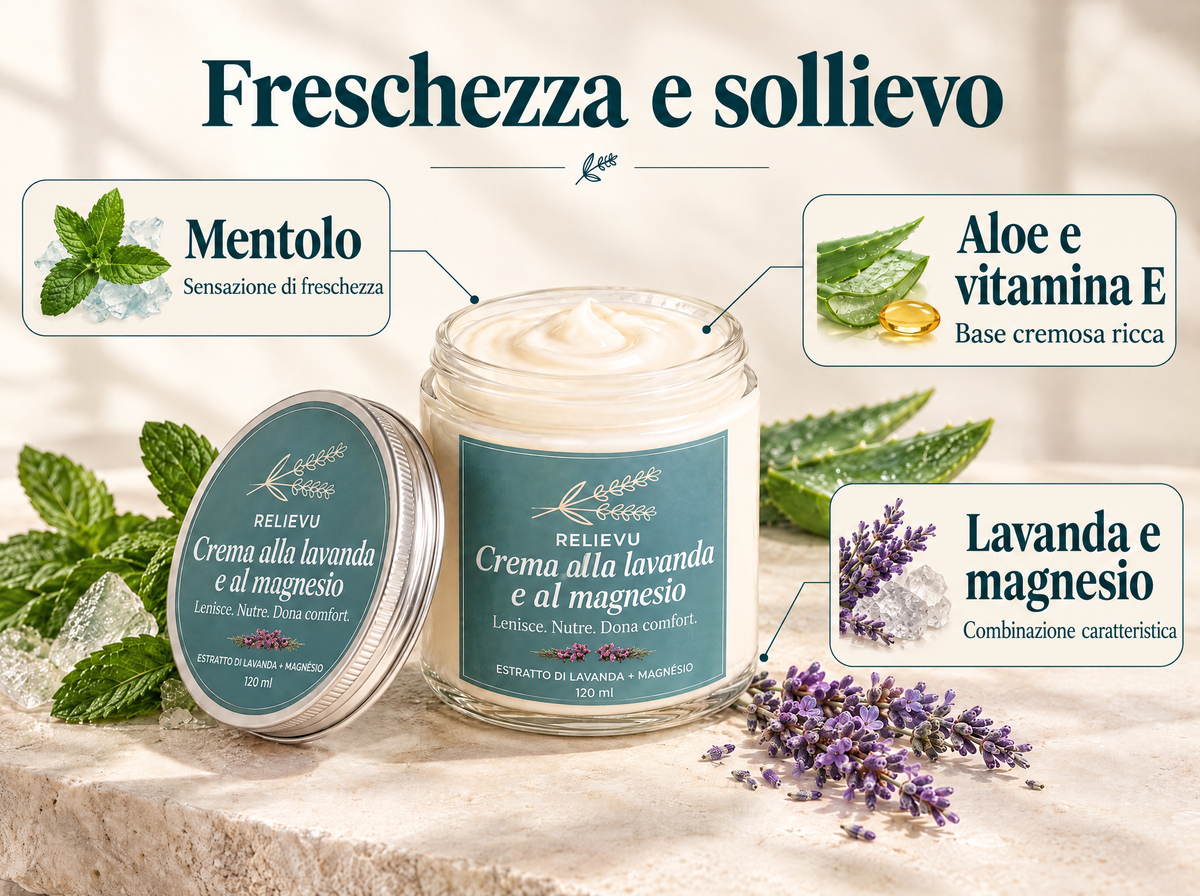 Crema alla lavanda e magnesio: formula e formato infografica.