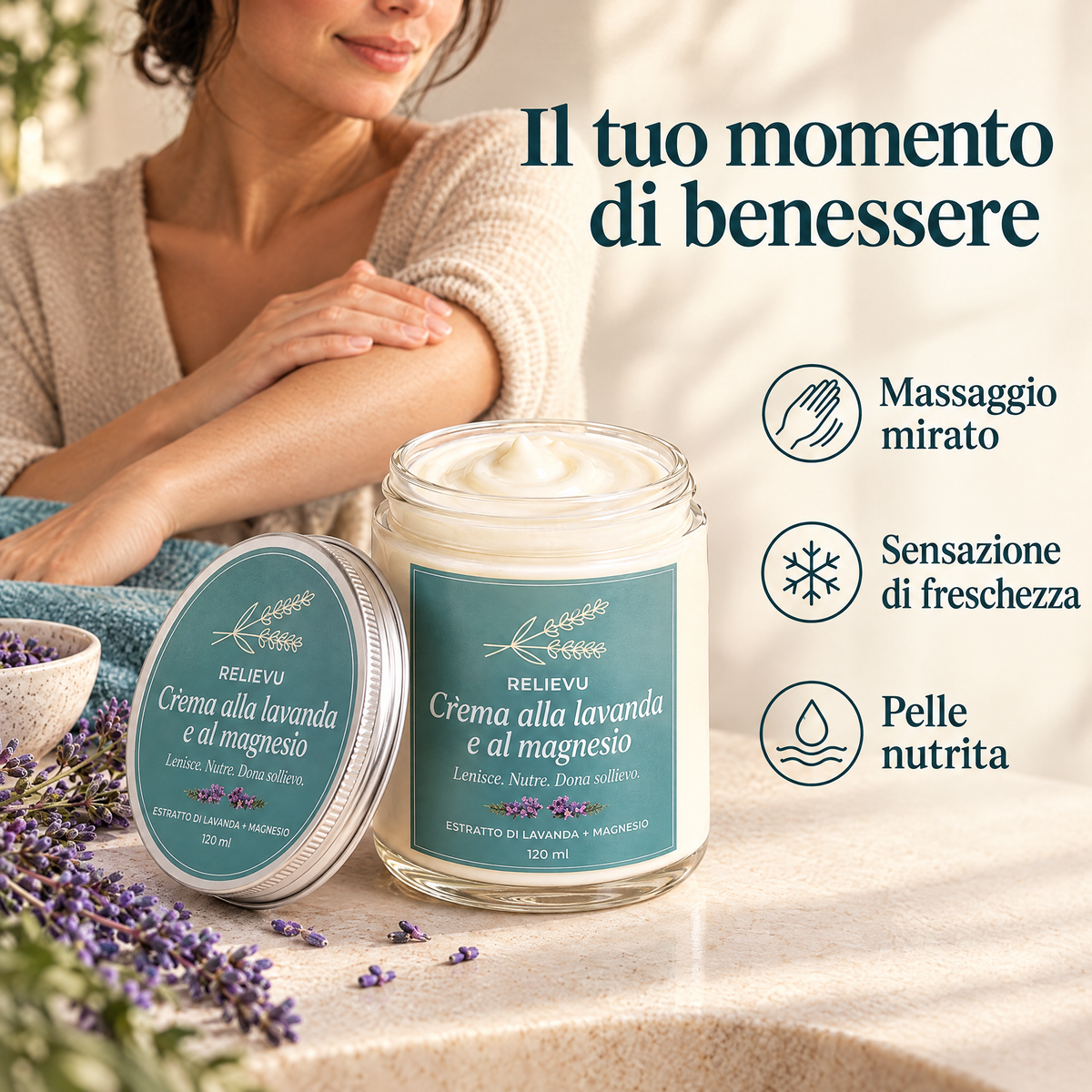Crema alla lavanda e magnesio: Massaggio mirato, Sensazione di freschezza, Pelle nutrita.