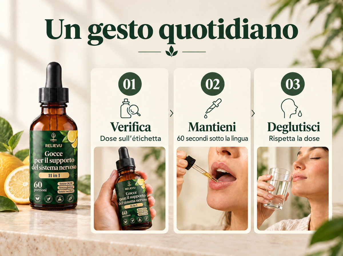 Gocce per il supporto del sistema nervoso 11 in 1: controllare la dose sull’etichetta; tenere 60 secondi sotto la lingua; deglutire; rispettare la dose.