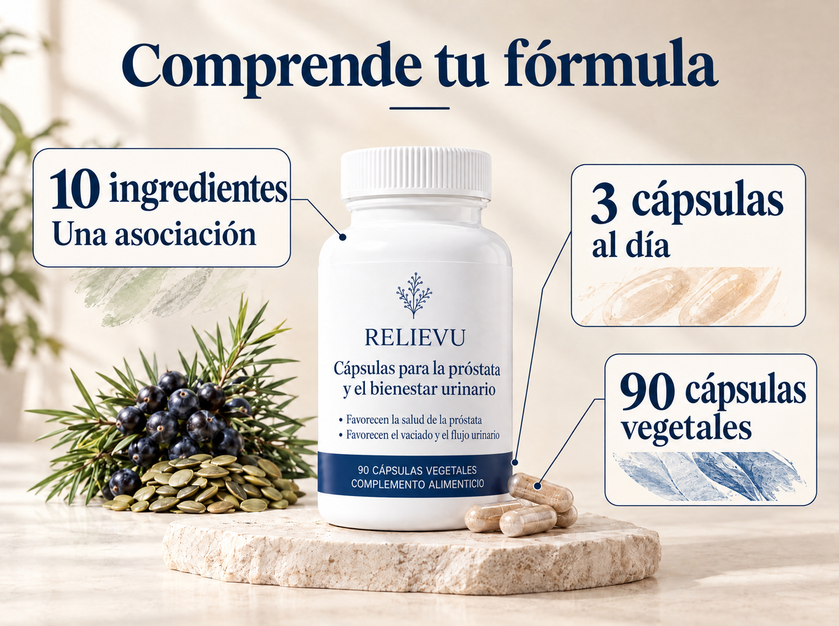 Cápsulas para la salud de la próstata y el confort urinario: fórmula y formato infográfico.