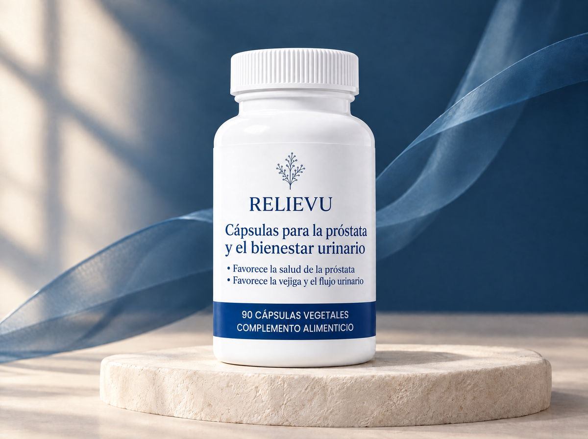 Cápsulas para la salud de la próstata y confort urinario, presentación del producto Relievu.