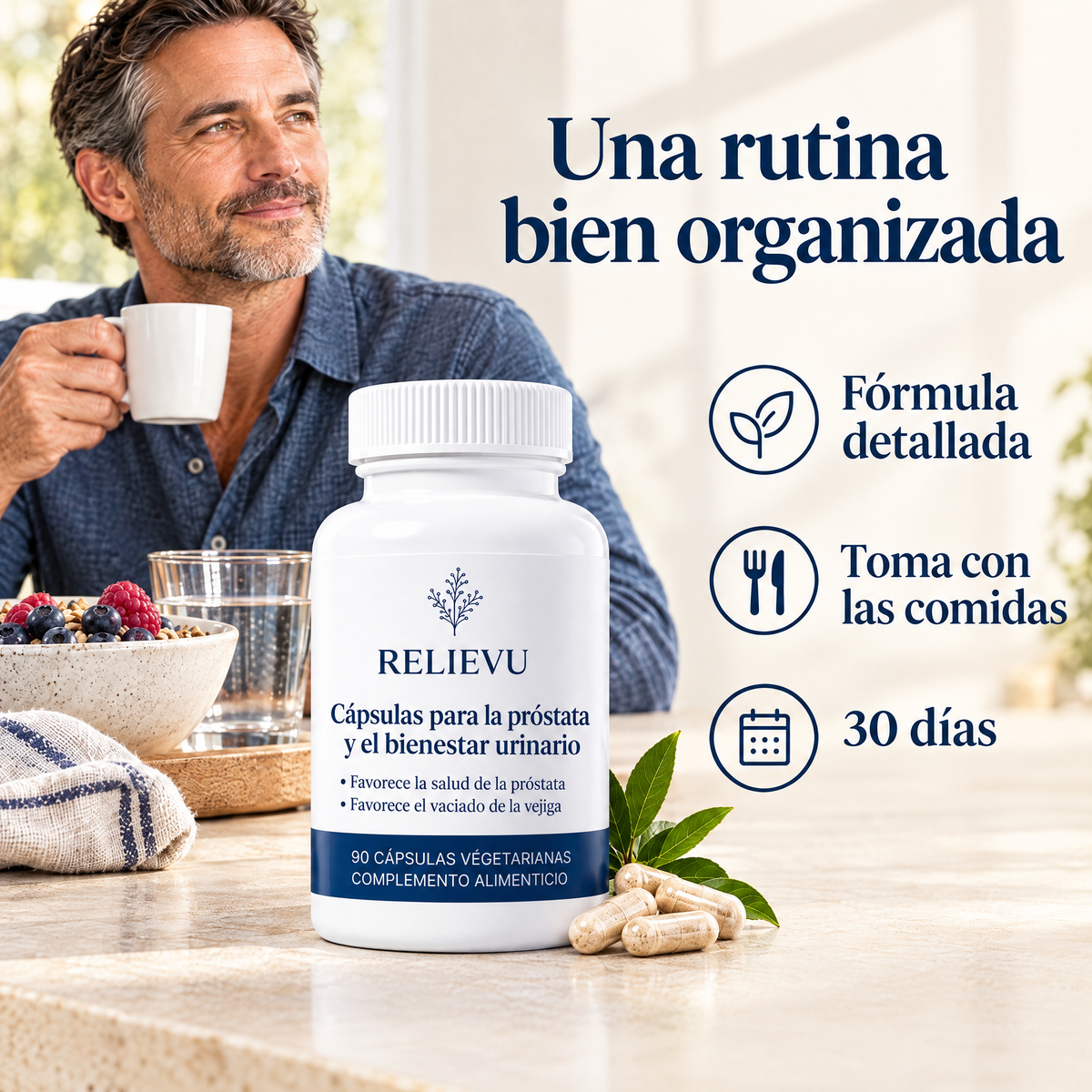 Cápsulas para la salud de la próstata y el confort urinario: Fórmula detallada, Tomar con las comidas, 30 días.