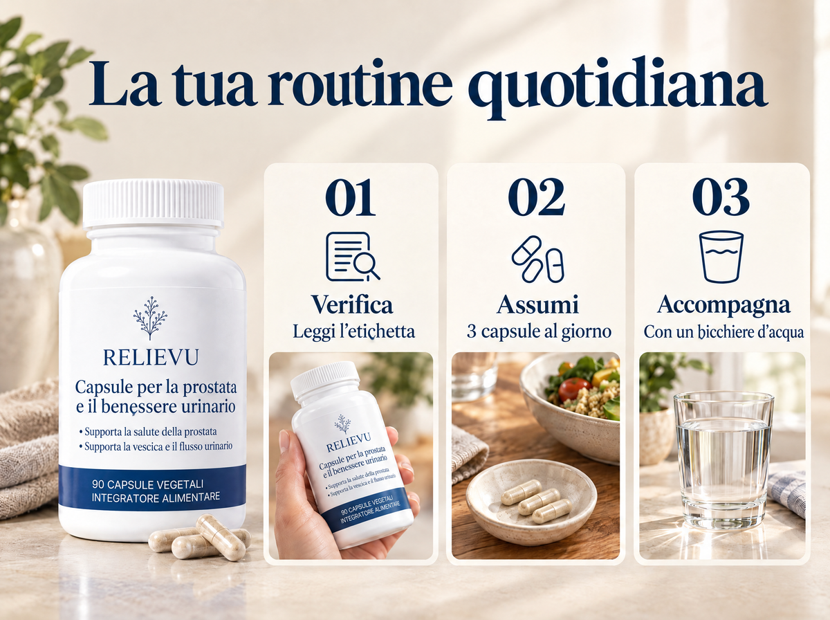 Capsule per la prostata e il benessere urinario: leggi l’etichetta, assumi 3 capsule durante un pasto e accompagna con un bicchiere d’acqua.