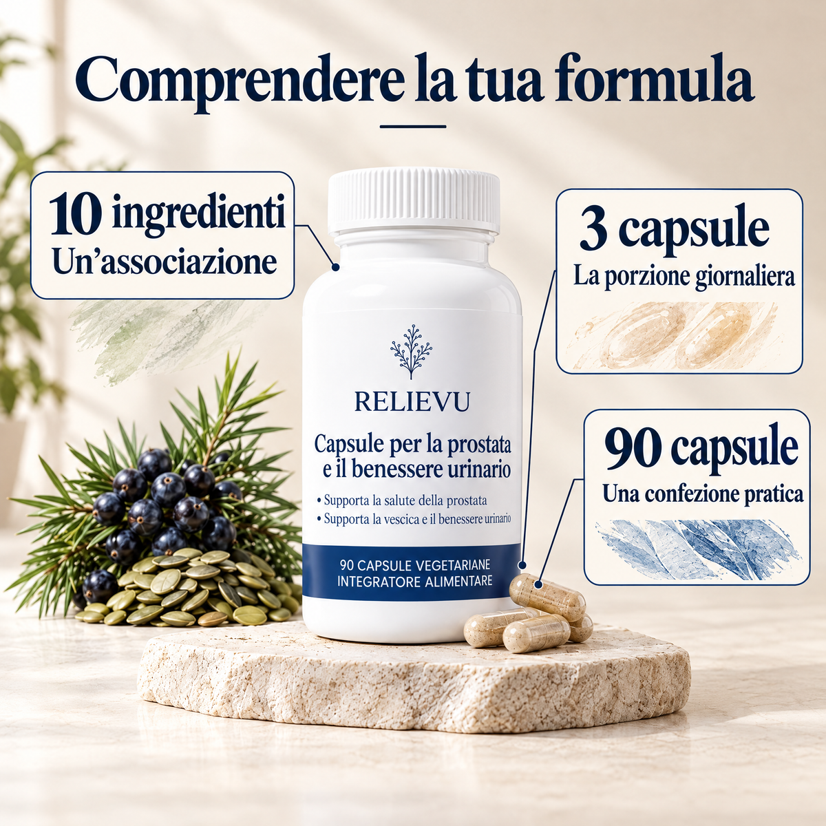 Capsule per la salute della prostata e il comfort urinario: formula e formato infografica.