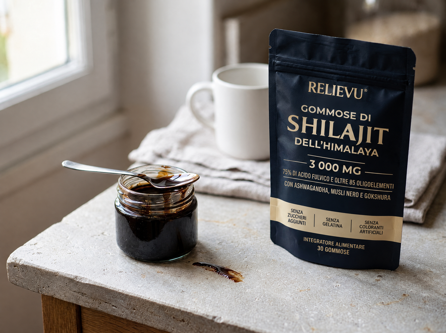 Apri il barattolo di resina shilajit e mettilo accanto a un pacchetto di gommose, su una superficie di lavoro leggera