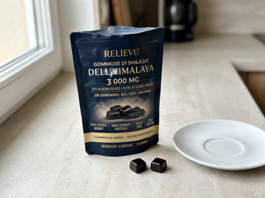 Bustina Relievu di gommose shilajit dell'Himalaya posizionata in posizione verticale su una superficie di lavoro leggera