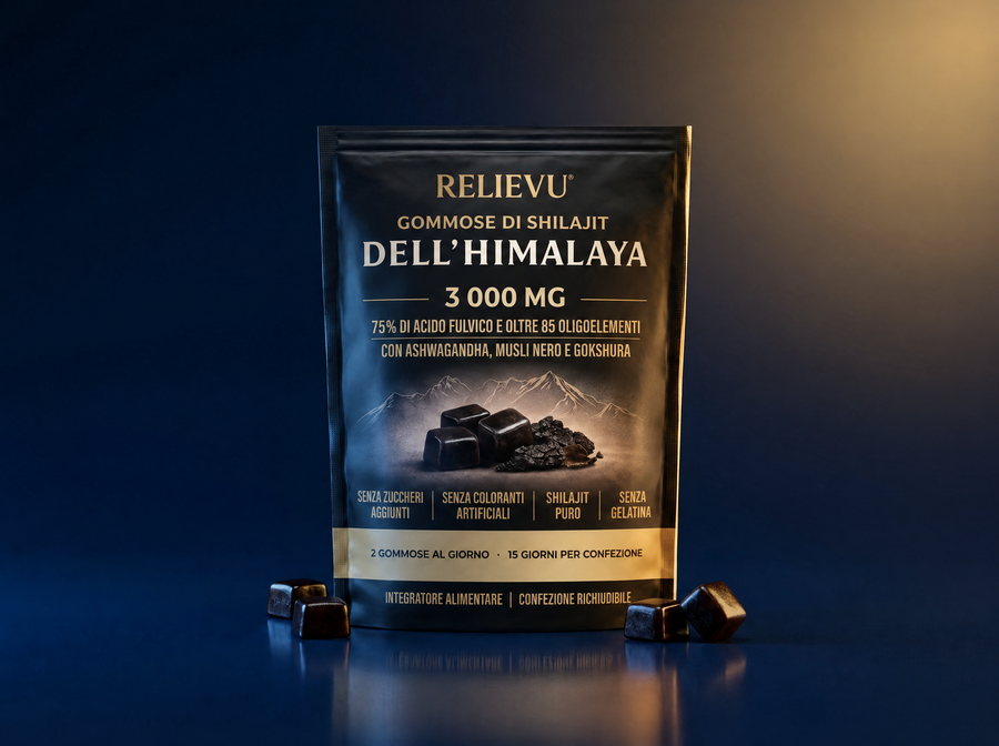 Bustina Relievu di gommose shilajit dell'Himalaya su sfondo blu notte e oro