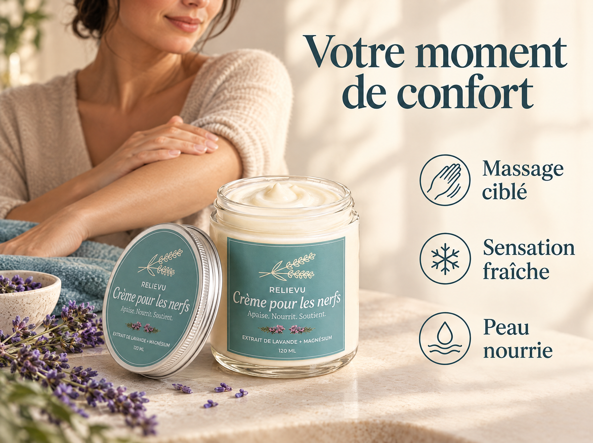 Crème à la lavande et au magnésium : Massage ciblé, Sensation fraîche, Peau nourrie.