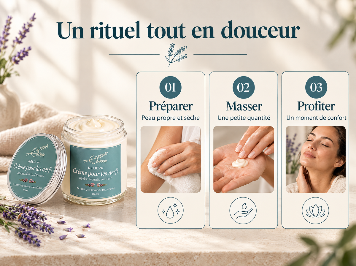 Crème à la lavande et au magnésium : Préparer ; Peau propre et sèche ; Masser ; Une petite quantité ; Profiter ; Un moment de confort.