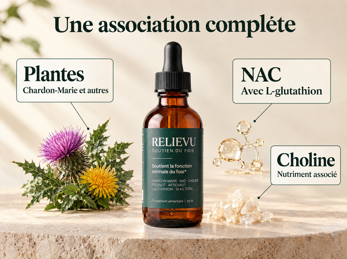 Soutien du foie, complément liquide : infographie de la formule et du format.