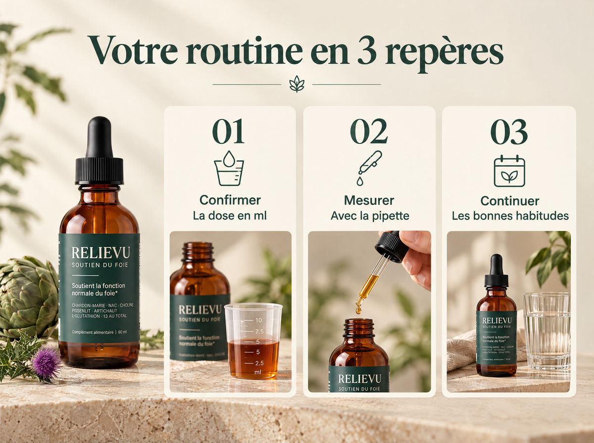 Soutien du foie, complément liquide : Confirmer ; La dose en ml ; Mesurer ; Avec la pipette ; Continuer ; Les bonnes habitudes.