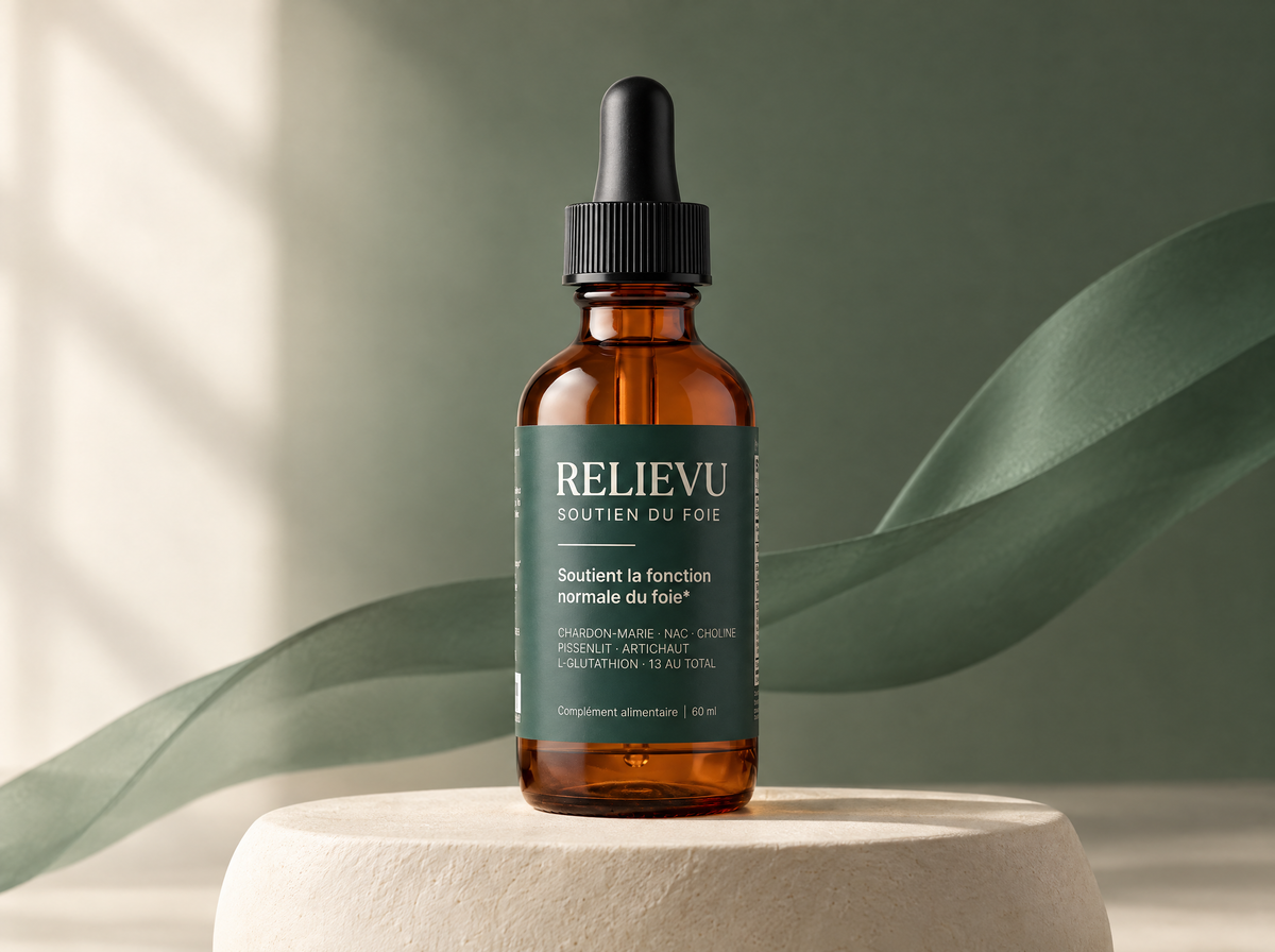 Soutien du foie, complément liquide, présentation du produit Relievu.