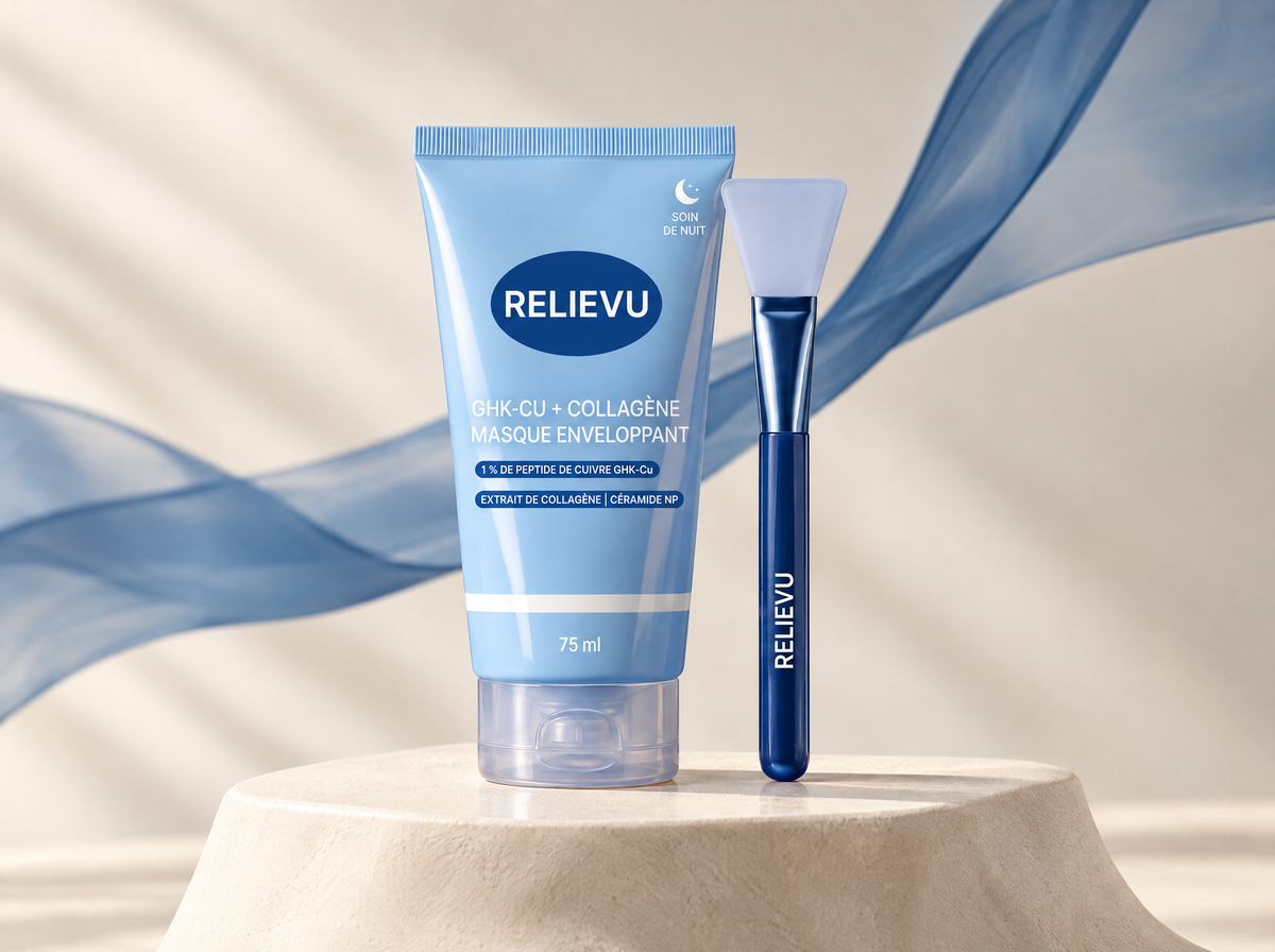 Masque de nuit GHK-Cu et collagène, présentation du produit Relievu.