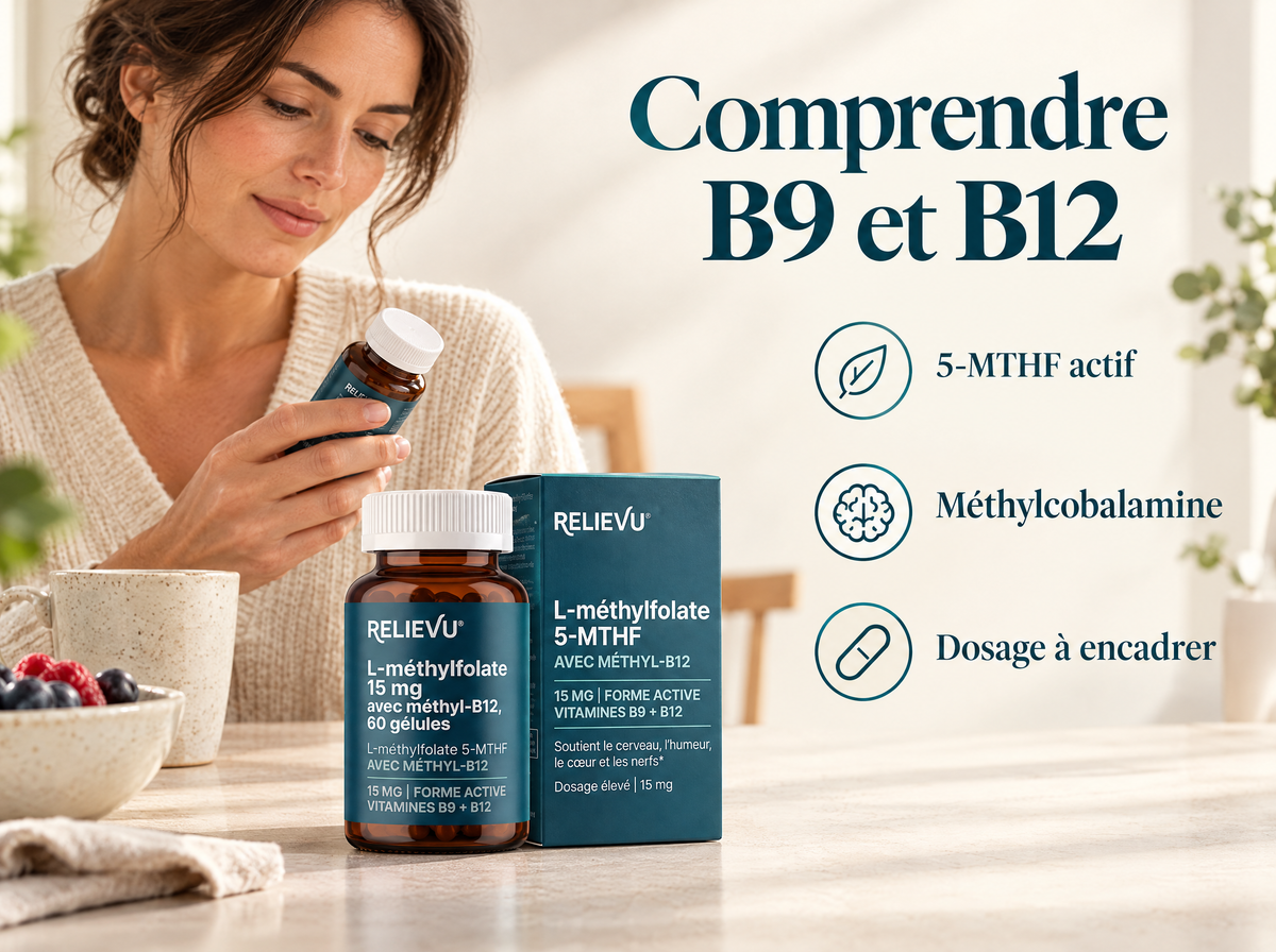 L-méthylfolate 15 mg et méthyl-B12 : 5-MTHF actif, Méthylcobalamine, Dosage à encadrer.