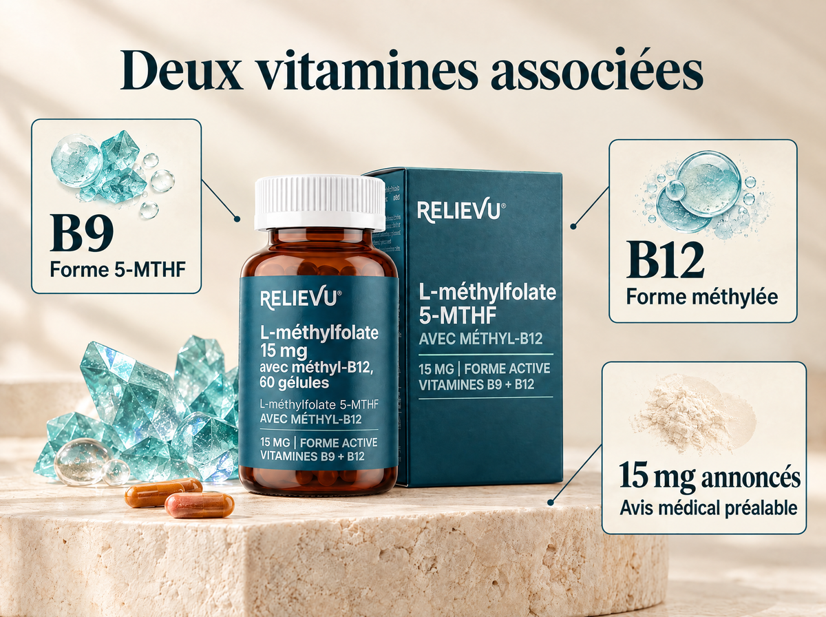 L-méthylfolate 15 mg et méthyl-B12 : infographie de la formule et du format.