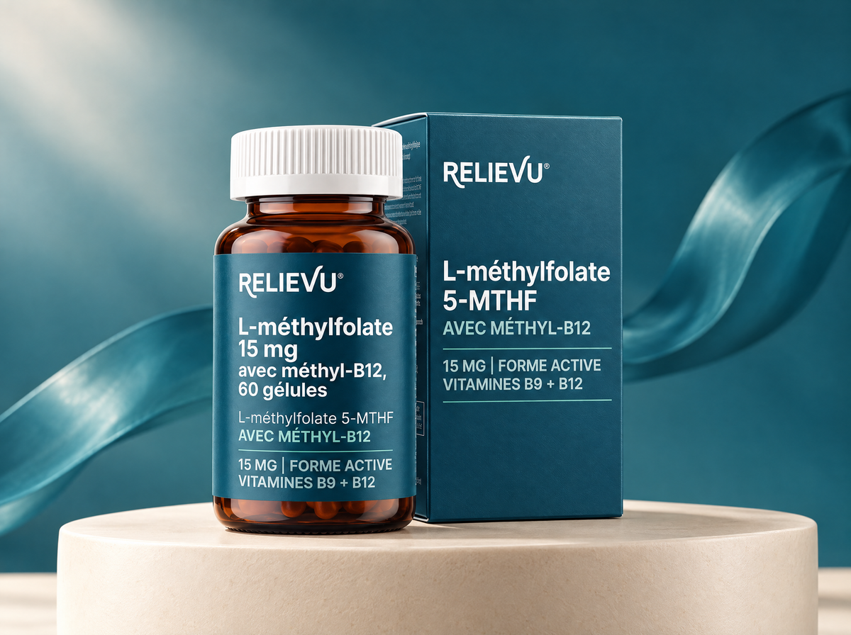 L-méthylfolate 15 mg et méthyl-B12, présentation du produit Relievu.