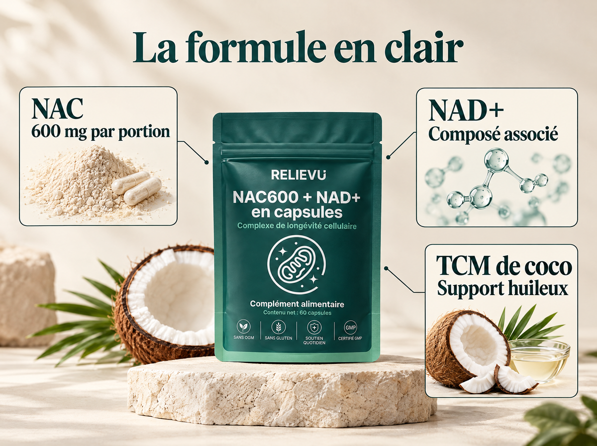 NAC 600 mg et NAD+ : infographie de la formule et du format.
