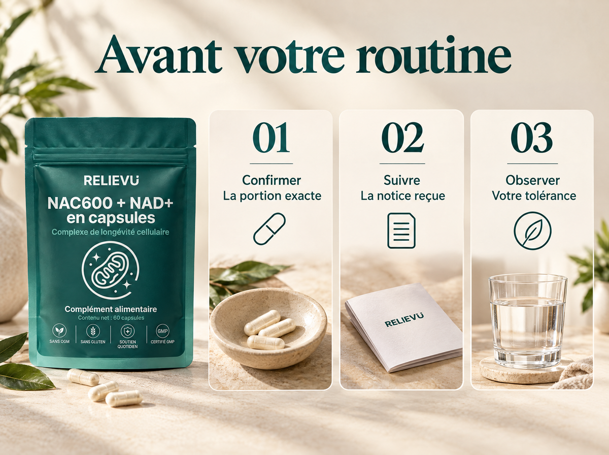 NAC 600 mg et NAD+ : Confirmer ; La portion exacte ; Suivre ; La notice reçue ; Observer ; Votre tolérance.