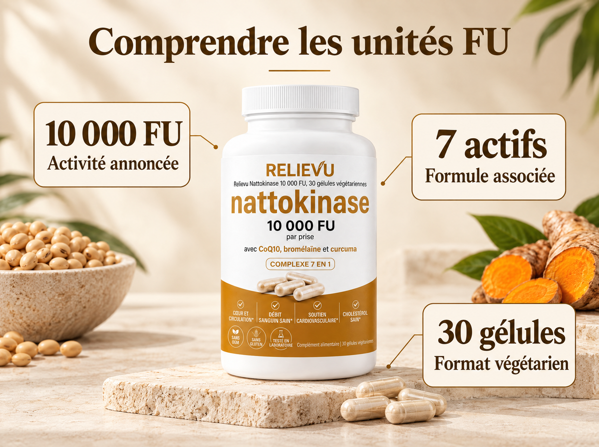 Nattokinase 10 000 FU : infographie de la formule et du format.