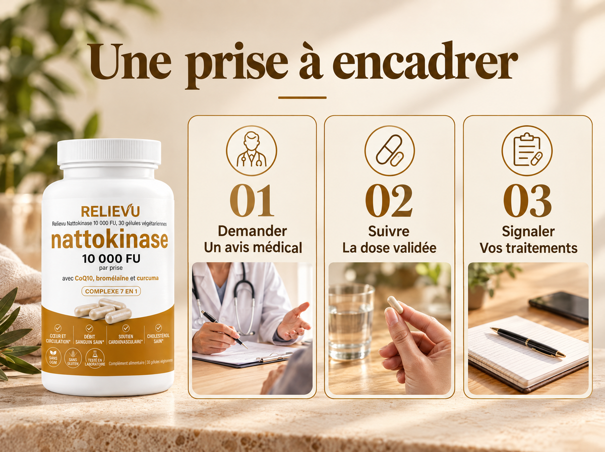 Nattokinase 10 000 FU : Demander ; Un avis médical ; Suivre ; La dose validée ; Signaler ; Vos traitements.