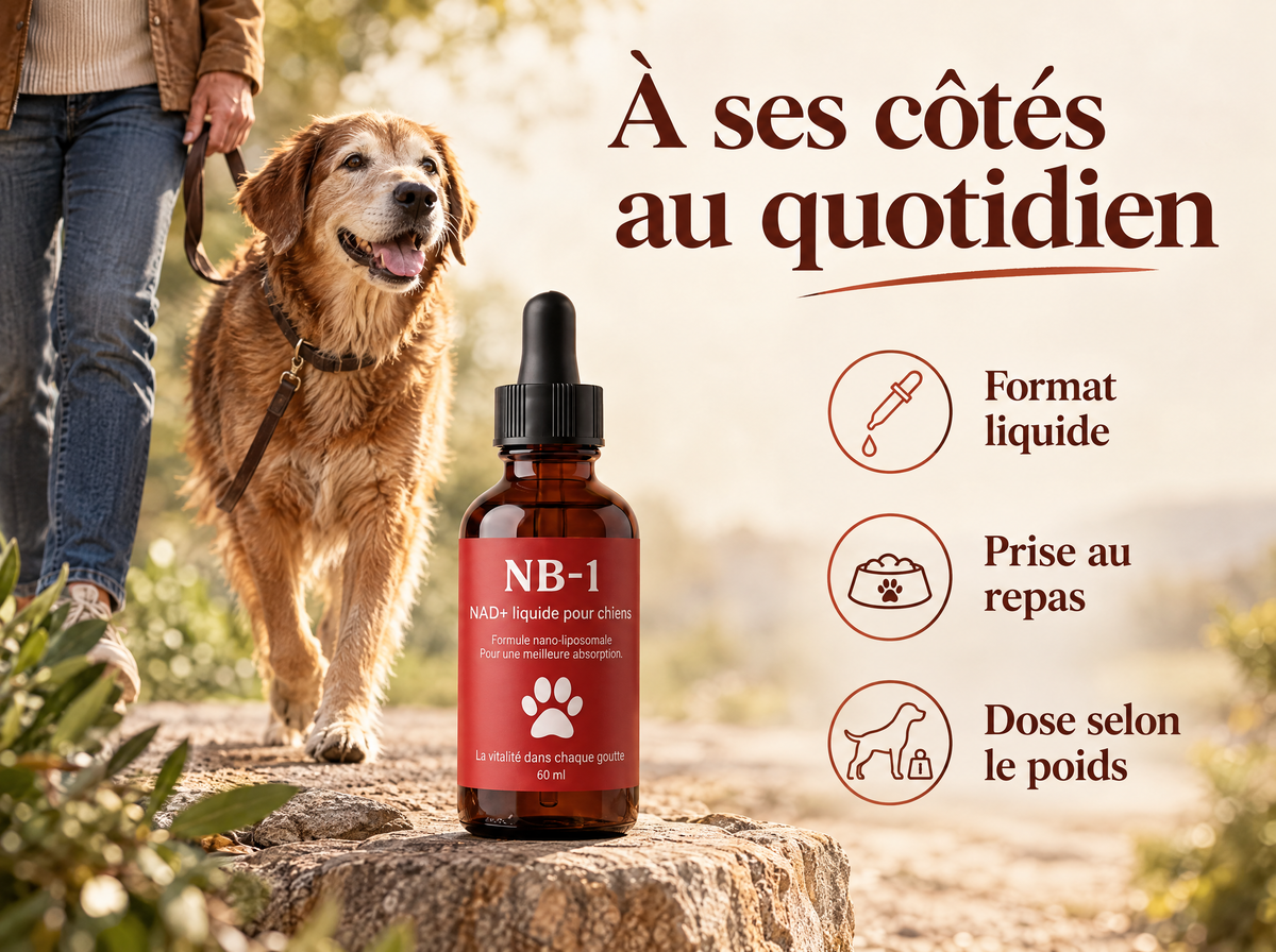 NB-1, NAD+ liquide pour chiens : Format liquide, Prise au repas, Dose selon le poids.