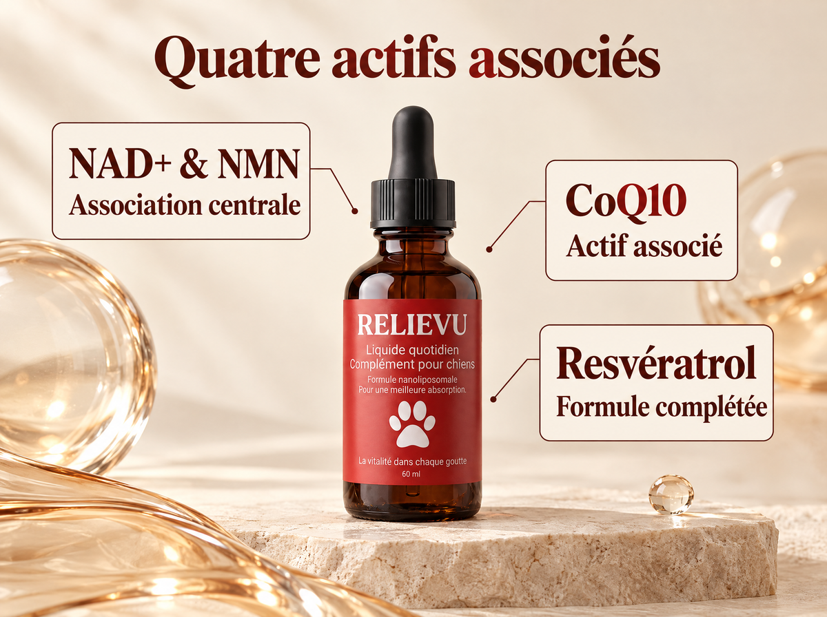 NB-1, NAD+ liquide pour chiens : infographie de la formule et du format.