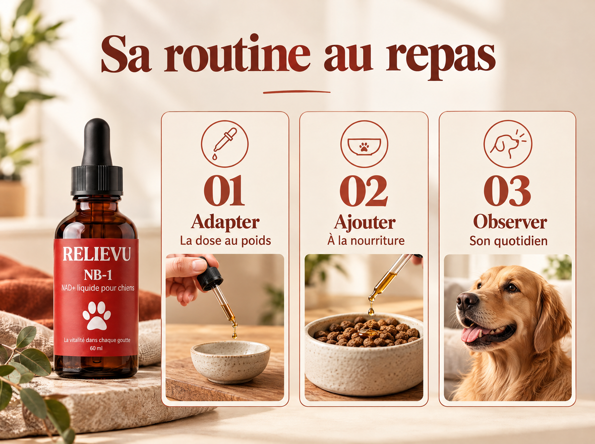 NB-1, NAD+ liquide pour chiens : Adapter ; La dose au poids ; Ajouter ; À la nourriture ; Observer ; Son quotidien.