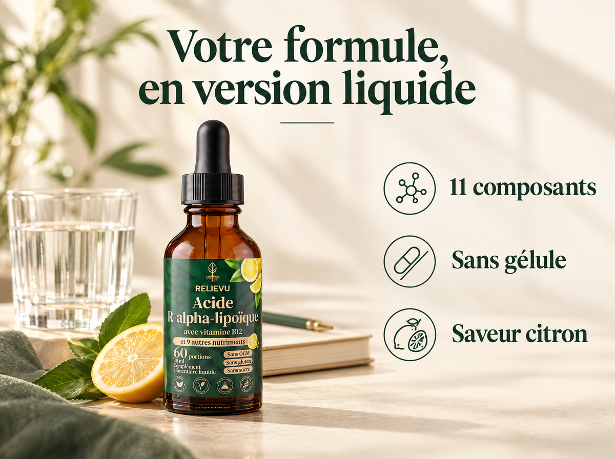 Gouttes de soutien nerveux 11-en-1 : 11 composants, Sans gélule, Saveur citron.