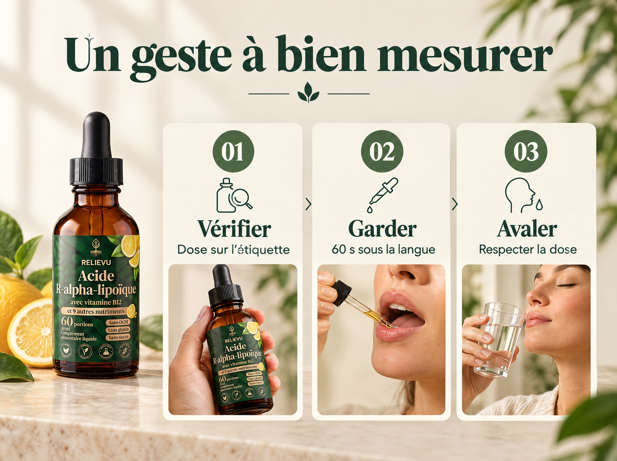 Gouttes de soutien nerveux 11-en-1 : Vérifier ; Dose sur l’étiquette ; Garder ; 60 s sous la langue ; Avaler ; Respecter la dose.