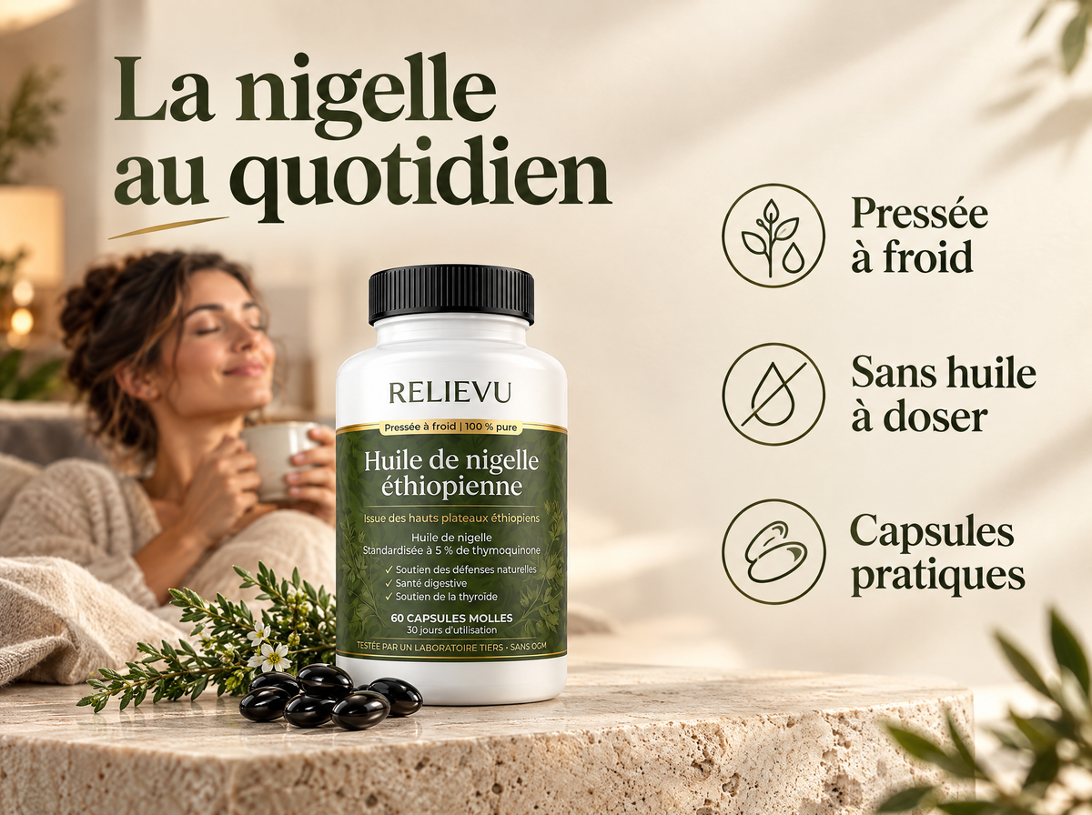 Huile de nigelle éthiopienne : Pressée à froid, Sans huile à doser, Capsules pratiques.
