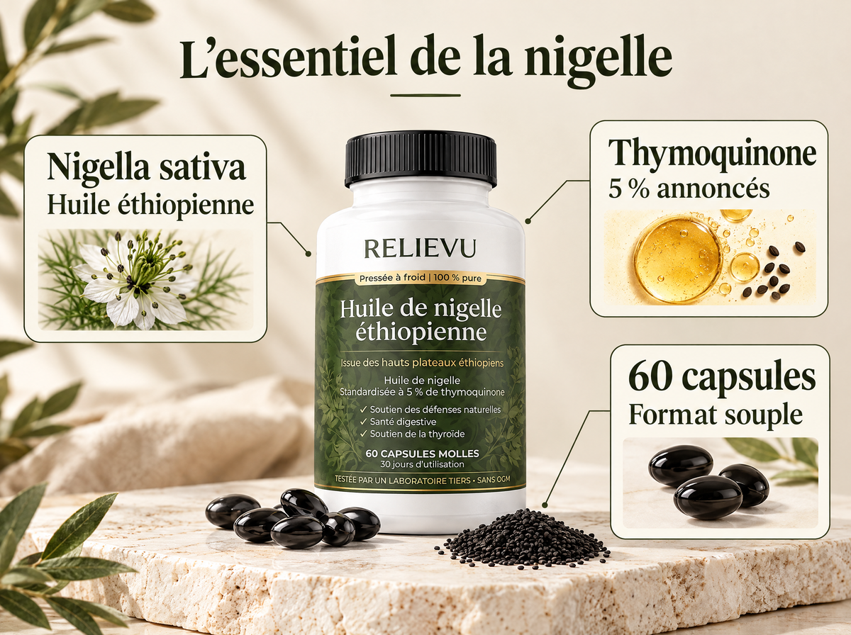 Huile de nigelle éthiopienne : infographie de la formule et du format.